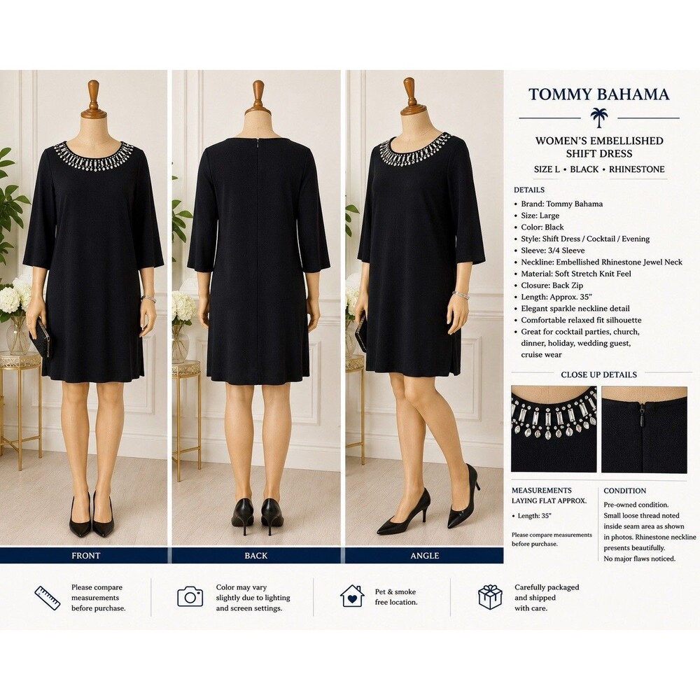 Tommy  Bahama Women’s Embelished Shirft Dress Size L Black Rhinestone 3/4 sleeve